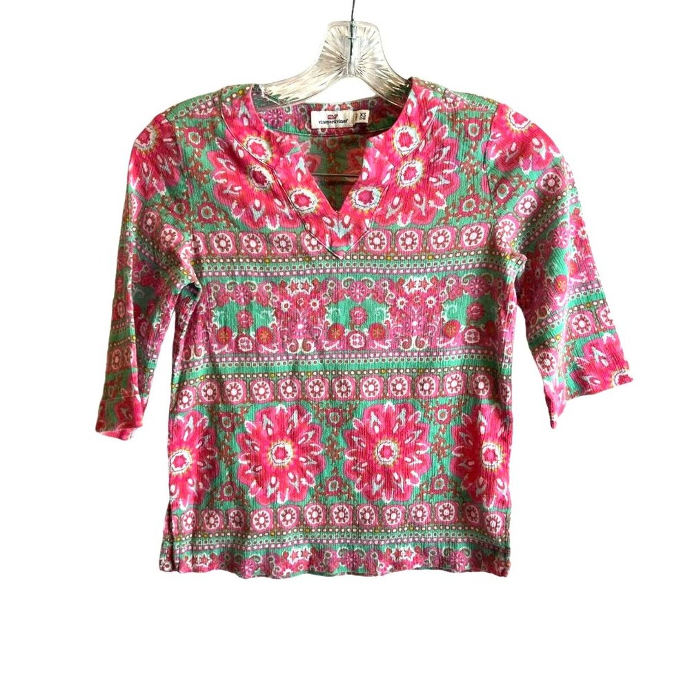 Vineyard Vines Girls Caribbean Floral V Neck Blouse 3/4 Sleeve Pink Green Top XS